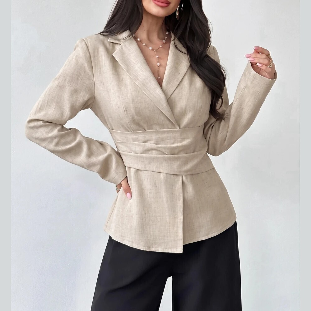 Tan Woven Wrap Front Notch Lapel Slim Fit Blazer